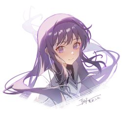 1girl akemi_homura akemi_homura_(magical_girl) black_hairband hairband hashtag-only_commentary highres long_hair looking_at_viewer magical_girl mahou_shoujo_madoka_magica mahou_shoujo_madoka_magica_(anime) purple_eyes purple_hair signature simple_background solo tujiu_sama upper_body very_long_hair white_background