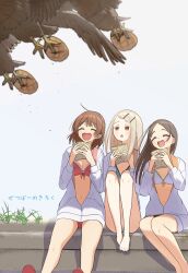 3girls :o ^_^ absurdres bare_legs barefoot bikini bikini_under_clothes blonde_hair blush bread brown_hair closed_eyes commentary_request food food_theft front-tie_bikini_top front-tie_top gakuen_idolmaster green_bikini hanami_ume highres hinaminoworks idolmaster jacket jacket_over_swimsuit kimi_to_semi_blue_(idolmaster) kuramoto_china looking_at_animal multiple_girls navel official_alternate_costume open_mouth outdoors red_bikini shinosawa_hiro sitting smile swimsuit teeth toes translation_request upper_teeth_only white_bikini white_jacket