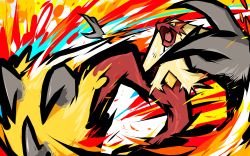 blaze_kick_(pokemon) blaziken blue_eyes colored_sclera commentary creature english_commentary fire furry gen_3_pokemon highres ishmam kicking nintendo pokemon pokemon_(creature) pokemon_move solo yellow_sclera