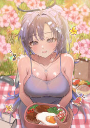 1boy 1girl absurdres bacon bare_arms bare_shoulders black_halo blue_archive blush breasts cleavage collarbone commentary dress egg flower food from_above grass hair_flower hair_ornament halo hands_up hibi2scus highres holding_bento jewelry large_breasts long_hair looking_at_viewer musical_note necklace on_blanket open_mouth picnic picnic_blanket pink_flower purple_dress purple_eyes purple_hair rice seiza sitting sleeveless sleeveless_dress smile tomato yuuka_(blue_archive)