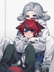 animal_ears aotsuki_eito black_pants blue_eyes blush commentary_request front-to-back fuseru770 glasses grey_hair highres hood hoodie hug jacket looking_at_another male_focus multicolored_hair open_mouth pants purple_eyes rabbit_boy rabbit_ears red_hair ringed_eyes streaked_hair sumino_takumi sweatdrop tail the_hundred_line_-last_defense_academy- white_hoodie white_jacket white_pants wolf_boy wolf_ears wolf_tail yaoi