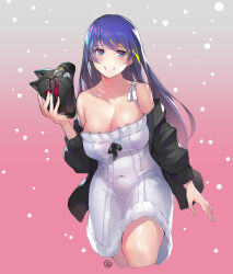 1girl bare_shoulders black_hair blue_eyes blue_hair breasts cleavage clip_studio_paint_(medium) collarbone commentary cropped_legs dress gradient_background grin holding holding_mask jacket large_breasts long_hair long_sleeves looking_at_viewer mask unworn_mask off_shoulder open_clothes open_jacket original smile solo straight_hair white_dress wookyung
