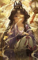 Rule 34 | 1girl, absurdres, black hair, covering one eye, facial mark, feet out of frame, feixianji (hairstyle), flower, forehead mark, ginkgo leaf, ginkgo tree, hair flower, hair ornament, hand up, highres, holding, holding lantern, holding leaf, huadian, ir0 0616, jiu niangzi, jiu niangzi (blossom spring fairy), lantern, leaf, leaf over eye, long hair, long skirt, looking at viewer, official alternate costume, one eye covered, paper lantern, purple flower, purple hanfu, red flower, reflection, reflection focus, reverse:1999, ripples, skirt, smoke, solo, squatting, very long hair, yellow skirt