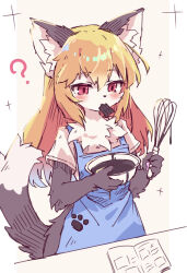 1girl ? akuma_gaoru animal_ear_fluff animal_ears apron black_fur blonde_hair blue_apron blush body_fur bowl chocolate chocolate_making cowboy_shot food_in_mouth furry furry_female futaba_channel hair_between_eyes highres holding holding_bowl holding_whisk kolshica long_hair paw_print red_eyes short_sleeves solo standing tail two-tone_fur whisk white_fur