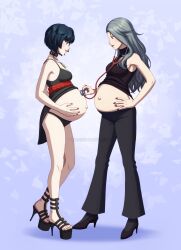2girls absurdres adricarra blue_hair blush breasts brown_eyes choker cleavage closed_mouth clothes_lift dress dress_lift female_focus fingernails full_body grey_hair hand_on_own_hip highres jewelry lips long_hair looking_at_another medium_breasts misscherrylle multiple_girls nail_polish niijima_sae nose panties pendant persona persona_5 platform_footwear pregnant profile purple_nails red_nails sandals shirt_lift short_hair standing stethoscope takemi_tae toenail_polish toenails toes underwear