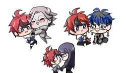 1girl 3boys ahoge aotsuki_eito bisexual_male black_hair blue_eyes blue_hair chibi closed_eyes face_piercing full_body glasses hetero highres lip_piercing looking_at_another messy_hair multicolored_hair multiple_boys omokage_yugamu open_mouth piercing purple_hair red_hair shizuhara_hiruko sitting standing sumino_takumi the_hundred_line_-last_defense_academy- white_background white_hair yaoi