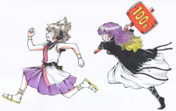 2girls anger_vein blonde_hair brown_hair dress hammer headphones hijiri_byakuren holding holding_hammer layered_dress multicolored_hair multiple_girls purple_hair purple_skirt running s590220 simple_background skirt touhou toyosatomimi_no_miko two-tone_hair wavy_hair white_background