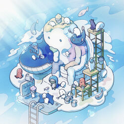 1girl 6+others absurdres black_skin bucket bucket_on_head cat cloud colored_skin fish food food_art hat highres holding holding_shovel manta_ray multiple_others object_on_head original paint_can scaffolding shoes shovel snow_sculpture snow_shovel tako-san_wiener the_thinker tti_design unworn_shoes whale whale_costume whale_hat white_skin