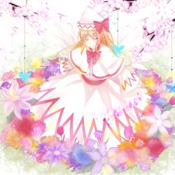 Rule 34 | 1girl, bad id, bad pixiv id, baniradayann, blonde hair, blue flower, blue rose, blush, bow, branch, capelet, cherry blossoms, closed eyes, daisy (flower), dress, female focus, flower, hat, hat ribbon, highres, lily white, long hair, long sleeves, orange flower, orange rose, red flower, red rose, ribbon, rose, sash, sleeves past wrists, smile, solo, touhou, wings
