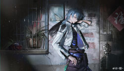 Rule 34 | 1boy, absurdres, arm up, artist name, belt, wallet chain, black pants, black shirt, blue belt, blue hair, broken, chain, chinese clothes, chromatic aberration, cowboy shot, crack, cracked wall, dao fu, door, good fortune symbol, guilongchao, high collar, highres, jacket, light particles, long hair, long sleeves, looking at viewer, looking to the side, male focus, official art, open clothes, open jacket, pants, plant, potted plant, shirt, solo, tangzhuang, watermark, weibo watermark, white jacket, yanyu (guilongchao), ymy kui