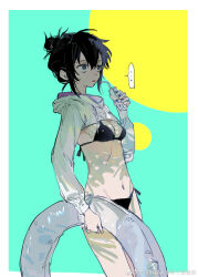 ... 1girl bikini black_hair blue_eyes breasts cropped_hoodie drinking_straw genderswap hair_between_eyes hair_bun highres holding hood hood_down hoodie innertube kamijou_touma long_sleeves navel qyzhiaiyisheng short_hair side-tie_bikini_bottom side-tie_bikini_top single_hair_bun small_breasts solo speech_bubble spoken_ellipsis swim_ring swimsuit toaru_majutsu_no_index two-tone_background