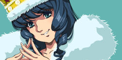 Rule 34 | 1980s (style), 1girl, blue eyes, blue hair, choujikuu yousai macross, collarbone, crown, fur trim, index fingers together, kotobuki tsukasa, long hair, looking at viewer, lynn minmay, macross, oldschool, retro artstyle, simple background, smile, solo