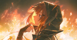 1girl absurdres animal_ear_hood arknights artist_name backlighting commentary crownslayer_(arknights) dopperu_ben fake_animal_ears fingerless_gloves fire from_side gloves hair_ornament hairclip highres hood hooded_jacket hyena_ears hyena_girl jacket mask mask_pull medium_hair mouth_mask parted_lips profile red_eyes red_hair solo symbol-only_commentary