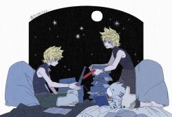 Rule 34 | 2boys, baseball bat, black vest, blanket, blonde hair, blue cape, blue eyes, book, box, cape, checkered clothes, chinese commentary, chirithy, commentary request, creature, crossed legs, dream eater (kingdom hearts), full body, full moon, hand up, holding, holding book, keiichi fujimaru (bszzowl), kingdom hearts, kneeling, leaning forward, looking down, male focus, moon, multiple boys, night, no jacket, open book, open mouth, paper, pillow, reading, roxas, short hair, sitting, smile, spiked hair, star (sky), twitter username, ventus (kingdom hearts), vest, wristband