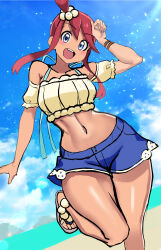 1girl :d absurdres beach blue_eyes blue_shorts blue_sky crop_top highres leg_up navel nintendo official_alternate_costume open_mouth pokemon pokemon_masters_ex red_hair short_hair_with_long_locks short_shorts shorts sidelocks sky skyla_(pokemon) skyla_(summer_2025)_(pokemon) smile solo teeth upper_teeth_only yasu_suupatenin