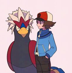 Rule 34 | 1boy, bird, blue jacket, braviary, brown hair, gen 5 pokemon, hand in pocket, hat, hilbert (pokemon), jacket, long sleeves, male focus, nintendo, pants, parted lips, pokemon, pokemon (creature), pokemon bw, red hat, short hair, smile, standing, tyako 089, zipper pull tab