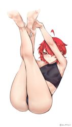1girl absurdres ahoge armpits arms_up ass black_panties deccatezu ear_piercing feet highres original panties piercing red_eyes red_hair saya_(deccatezu) short_hair sleeveless sleeveless_turtleneck soles thighs turtleneck twitter_username underwear white_background