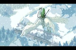 1girl bad_id bad_pixiv_id erinys_(fire_emblem) female_focus fire_emblem fire_emblem:_genealogy_of_the_holy_war flying from_above green_hair harusame_(rueken) horse horseback_riding letterboxed long_hair nintendo pegasus pegasus_knight_uniform_(fire_emblem) polearm riding snow solo spear top_view weapon