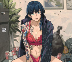 1girl arm_tattoo black_hair black_jacket blue_eyes bottle bow bow_bra bra breasts bug can cocomeen ear_piercing fly indoors insect jacket large_breasts navel original panties piercing plant red_bra red_panties sitting tattoo trash trash_bag underwear