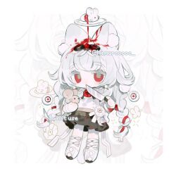 1girl blood bloody_knife bow bowtie braid chef_hat dress flower full_body hair_bow hair_ornament hat holding holding_knife knife memuro original red_eyes sample_watermark shirt shoes socks watermark white_background white_hair white_shirt white_socks