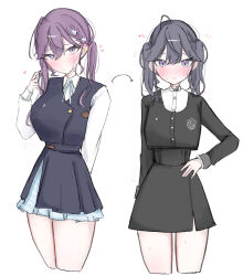 1girl aged_down ahoge black_hair black_jacket black_skirt blue_overskirt blue_ribbon blue_skirt blue_vest blush braid breasts butterfly_hair_ornament commentary_request cosplay costume_switch cropped_legs ear_piercing gakuen_idolmaster gokugetsu_academy_school_uniform hair_ornament hand_on_own_hip hatsuboshi_gakuen_school_uniform head_tilt highres idolmaster jacket kaya_rinha kotatuneko15 large_breasts long_hair long_sleeves looking_at_viewer mole mole_on_neck multiple_views neck_ribbon piercing pleated_skirt purple_eyes purple_hair ribbon school_uniform shirt skirt skirt_set small_breasts sweat sweatdrop thighs twintails twirling_hair vest white_shirt