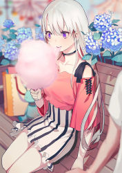 1girl azur_lane bag bench blurry casual choker collarbone cotton_candy day depth_of_field dress eating enterprise_(azur_lane) flower food holding holding_cotton_candy holding_food hydrangea long_hair purple_eyes senryoko shopping_bag silver_hair sitting solo_focus stuffed_toy
