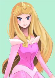 1girl animification aurora_(disney) blonde_hair dress highres jewelry limogesa long_hair long_sleeves looking_at_viewer makeup pink_dress princess simple_background sleeping_beauty_(disney) smile solo tiara upper_body