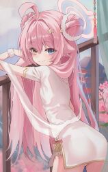 absurdres ahoge blue_archive chii_(k_ung) china_dress chinese_clothes chinese_knot_border double_bun dress hair_bun hair_ornament hair_scrunchie halo heterochromia highres hoshino_(blue_archive) hoshino_(flowery_charms)_(blue_archive) huge_ahoge long_hair looking_at_viewer mahjong_soul official_alternate_costume pink_hair pink_halo scrunchie smile star_(symbol) star_hair_ornament white_dress wrist_scrunchie