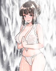 Rule 34 | 1girl, absurdres, alternate costume, black hair, braid, braided bun, breasts, commission, curvy, fundoshi, furaggu (frag 0416), grey eyes, hair bun, hair ornament, hairclip, highres, japanese clothes, jewelry, kantai collection, large breasts, myoukou (kancolle), navel, pixiv commission, ring, solo, standing, water, waterfall, wedding ring