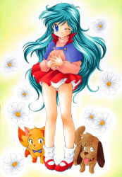 Rule 34 | 1girl, alpha (dream hunter rem), ayanokouji rem, beta (dream hunter rem), blue capelet, blue eyes, capelet, cat, dog, dream hunter rem, floral background, flower, full body, green hair, legs, long hair, looking at viewer, miniskirt, nightmare77zx, one eye closed, own hands together, panties, pink shirt, pleated skirt, red footwear, red skirt, shirt, shoes, skirt, smile, socks, standing, thighs, underwear, white panties, white socks, wind, wind lift