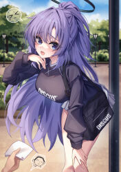 1boy 1girl absurdres alternate_costume alternate_hairstyle bag bent_over black_bag black_shirt blue_archive blush doodle_sensei_(blue_archive) hair_between_eyes handkerchief hidel highres holding holding_bag holding_handkerchief long_hair looking_at_viewer open_mouth ponytail purple_eyes purple_hair sensei_(blue_archive) shirt skirt sweat white_skirt yuuka_(blue_archive)