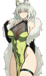 1girl animal_ear_fluff animal_ears arknights bare_shoulders black_bridal_gauntlets breasts bridal_gauntlets bright_pupils cat_ears cat_girl cleavage closed_mouth collarbone commentary covered_erect_nipples cowboy_shot dress english_commentary expressionless fangs_(fangs_art) feather_boa green_dress green_eyes grey_background grey_hair highleg highleg_dress highres kal&#039;tsit_(arknights) large_breasts looking_at_viewer material_growth medium_hair mole mole_on_breast oripathy_lesion_(arknights) pelvic_curtain see-through_cleavage see-through_clothes simple_background solo thigh_strap thighs white_background white_pupils wide_hips