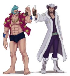 2boys abs absurdres analligator bara bare_pectorals beard black_male_underwear boxers bulge chain chain_necklace coat cola cosplay couple cowboy_hat facial_hair franky_(one_piece) franky_(one_piece)_(cosplay) full_beard fur-trimmed_coat fur_trim graves_(league_of_legends) grin hairy hat hawaiian_shirt highres jewelry large_hands large_pectorals league_of_legends long_hair looking_to_the_side male_focus male_underwear mature_male multiple_boys muscular muscular_male mustache mutton_chops navel navel_hair necklace nico_robin nico_robin_(alabasta) nico_robin_(cosplay) nipples no_pants one_piece pectorals shirt short_hair short_sleeves smile sparse_arm_hair sparse_chest_hair sparse_leg_hair sparse_navel_hair standing stomach thick_beard thick_eyebrows thick_mustache toasting_(gesture) twisted_fate underwear white_background white_hat yaoi