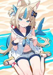 1girl absurdres ahoge animal_ear_fluff animal_ears beach bikini bikini_under_clothes blonde_hair blue_bikini blue_bow blue_eyes blue_hair blue_sailor_collar blunt_bangs bow brown_sandals cat_ears closed_mouth commentary danimocles day dress english_commentary fang fins fish_girl fish_tail frilled_bikini frilled_sailor_collar frills hair_bow hands_up highres indie_virtual_youtuber knees_out_of_frame lifebuoy_hair_ornament long_hair looking_at_viewer low_twintails multicolored_hair navel one_side_up outdoors sailor_collar sailor_dress sameko_saba sandals scrunchie short_shorts shorts sitting skin_fang sleeveless sleeveless_dress smile solo streaked_hair striped_bikini striped_clothes swimsuit tail twintails unbuttoned very_long_hair virtual_youtuber wariza white_dress white_hair white_shorts wrist_scrunchie