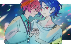 1boy 1girl amate_yuzuriha aqua_eyes bhachi88888888 blue_hair blush closed_eyes collared_shirt colored_inner_hair commentary gundam gundam_gquuuuuux holding_hands long_sleeves looking_at_another multicolored_hair necktie open_mouth purple_hair red_eyes red_hair school_uniform shirt short_hair shuji_ito smile sweater two-tone_hair upper_body white_shirt