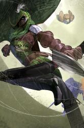 3boys absurdres black_boots blue_eyes boots bow_(weapon) cape drawing_bow dutch_angle dynamic_pose elden_ring elden_ring_nightreign foreshortening from_below green_cape green_hood guardian_(elden_ring) highres holding holding_bow_(weapon) holding_weapon hood ironeye_(elden_ring) mask mouth_mask multiple_boys simple_background solo uniqros_artist weapon wylder_(elden_ring)