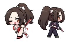 2girls :d black_jacket black_pants blush breasts brown_eyes brown_hair chibi chibi_only commentary_request cropped_jacket dual_persona fatal_fury fatal_fury:_city_of_the_wolves full_body hand_fan holding holding_fan insihangsi jacket korean_commentary large_breasts leather leather_jacket leather_pants long_hair looking_at_viewer looking_back midriff multiple_girls official_alternate_costume one_eye_closed open_mouth pants ponytail shiranui_mai simple_background smile white_background