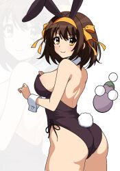 1girl animal_ears armpit_crease artist_logo ass backless_leotard bare_legs bare_shoulders black_leotard breasts brown_eyes brown_hair closed_mouth detached_collar fake_animal_ears fake_tail hairband hands_up highres leotard logo looking_at_viewer medium_breasts orange_hairband pantyhose playboy_bunny rabbit_ears rabbit_tail short_hair sideboob simple_background smile solo suzumiya_haruhi suzumiya_haruhi_no_yuuutsu tail white_background wrist_cuffs yuiyu_ki zoom_layer