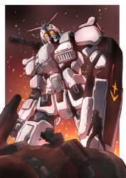 Rule 34 | arm shield, beam rifle, earth federation, energy gun, gatling gun, glowing, glowing eyes, gun, gundam, gundam ex, gundam requiem for vengeance, helmet, highres, holding, holding gun, holding weapon, mecha, mecha focus, mobile suit, one-eyed, pilot, pilot helmet, pilot suit, red eyes, robot, science fiction, standing, taiga hiroyuki, v-fin, weapon, zaku, zeon