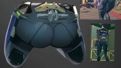 Rule 34 | 1girl, ass, ass focus, black hair, clothes writing, controller, game controller, gamepad, grey background, mayutsuba mono, multiple views, reference inset, still life, tagme, zenless zone zero, zhu yuan