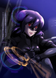 1girl caffein cleaver female_focus fingerless_gloves ghost_in_the_shell gloves highres jacket kusanagi_motoko purple_hair red_eyes short_hair solo