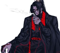 1boy black_hair black_hanfu black_undershirt blood blood_on_face blood_on_hands chinese_clothes chinese_commentary closed_eyes cup hanfu high_ponytail highres holding holding_cup jia_qiu_(project_moon) limbus_company long_hair male_focus open_mouth ponytail project_moon really_mr_pome red_sash sash simple_background sitting solo steam white_background xiao_guan_(headdress)