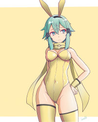 1girl absurdres aqua_eyes aqua_hair artist_name batta_16-sei breasts contrapposto covered_navel female_focus gluteal_fold grey_scarf groin_tendon hair_between_eyes hair_ornament hairclip hand_on_own_hip highleg highleg_one-piece_swimsuit highres leotard letterboxed looking_to_the_side medium_breasts one-piece_swimsuit playboy_bunny scarf sinon solo swimsuit sword_art_online thighhighs thighs wrist_cuffs yellow_background yellow_leotard yellow_scarf yellow_thighhighs