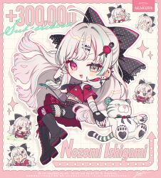 1girl ^_^ akakura bandaged_arm bandages black_boots black_bow black_shorts boots border bow character_name chibi chibi_inset closed_eyes commentary_request crop_top ear_piercing fishnets grey_eyes grey_hair grid_background heterochromia highres ishigami_nozomi ishigami_nozomi_(1st_costume) knee_boots long_hair looking_at_viewer milestone_celebration nail_polish nijisanji open_mouth piercing pink_border polka_dot polka_dot_bow red_eyes red_nails red_shirt red_skirt red_socks shirt shorts sidelocks skirt smile socks solo sparkle stuffed_animal stuffed_tiger stuffed_toy thighhighs upper_body v v_over_eye virtual_youtuber white_background