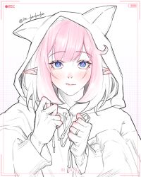 1girl absurdres animal_hood battery_indicator blue_eyes blush cat_hood commentary dyadyadya elysia_(honkai_impact) highres honkai_(series) honkai_impact_3rd hood long_hair pink_hair recording simple_background solo twitter_username upper_body white_background white_hood