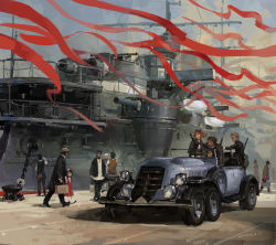 2girls 6+boys battleship black_hair boat cannon car child dated dock flag grey_hair gun hair_ribbon hat hjl military military_vehicle motor_vehicle multiple_boys multiple_girls navy people pixiv_fantasia pixiv_fantasia_new_world red_hair ribbon ship vehicle_focus warship watercraft weapon