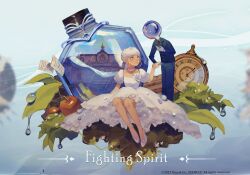 1boy 1girl amo_(amo_0514) apple black_jacket blue_background blush bowing character_request check_character chinese_commentary choker collarbone commentary_request copyright_name copyright_notice deemo deemo_(character) deemo_ii dress echo_(deemo) eye_contact flower flying_paper food fruit full_body glass_bottle grey_eyes grey_pants grey_shoes hand_on_own_chest hand_up highres holding_hands jacket lace-trimmed_choker lace_trim leaf leaning_forward long_sleeves looking_at_another looking_down looking_to_the_side looking_up necktie official_art on_ground oversized_object pants paper petal_on_head plant pocket_watch puffy_short_sleeves puffy_sleeves red_necktie shoes short_hair short_sleeves sitting smile standing turning_head watch water_drop white_choker white_dress white_flower white_hair