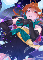 1girl absurdres ahoge bandana bare_shoulders bilingual_commentary black_bandana black_gloves black_shorts breasts cape commentary_request commission cowboy_shot doushi_tatsu_to_dekkai_no earrings elbow_gloves gloves hair_between_eyes hand_on_own_hip highres jewelry lina_inverse long_hair looking_at_viewer medium_breasts mixed-language_commentary orange_eyes orange_hair parted_lips pixiv_commission rubber_gloves shorts slayers solo sparkle teeth