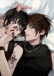 Rule 34 | 1boy, 1girl, black hair, black shirt, blue eyes, brown hair, collar, couple, eren yeager, goth fashion, green eyes, highres, miamo177996, mikasa ackerman, red nails, shingeki no kyojin, shirt, short hair, tattoo