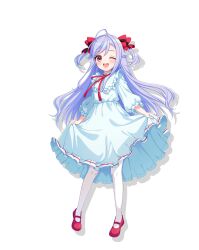 1girl ;d ahoge blue_hair blush bow dress fang full_body hair_bow highres long_hair long_sleeves looking_at_viewer mary_janes niizuma_yae official_art one_eye_closed open_mouth pantyhose red_eyes shoes skirt_hold smile solo transparent_background two_side_up very_long_hair world_dai_star